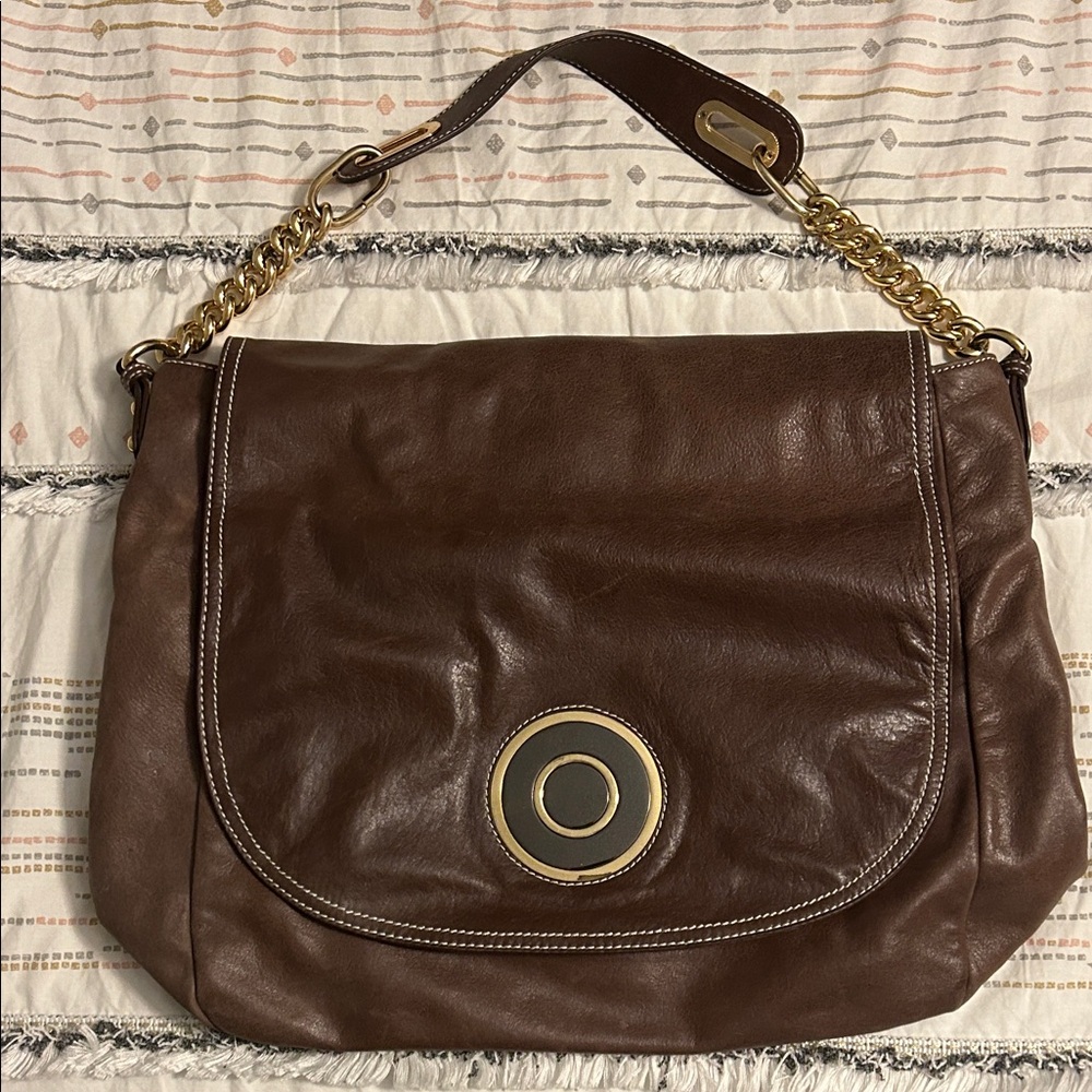 Badgley Mischka Brown Leather Shoulder Bag with Gold Accents